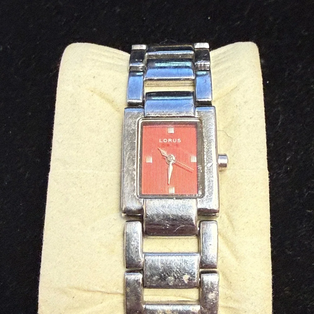 Lorus Womens Watch Silver Tone Rectangle Case Red Textured Dial Japan Movt Works